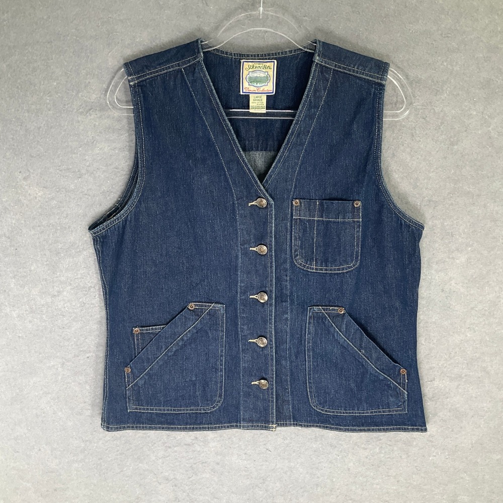 Vintage St Johns Bay Denim Vest Womens Sz L Blue Button Front Pockets Y2K 90s